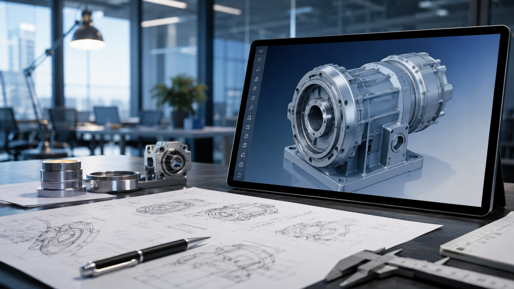 3D mechanical CAD model on tablet in engineering office